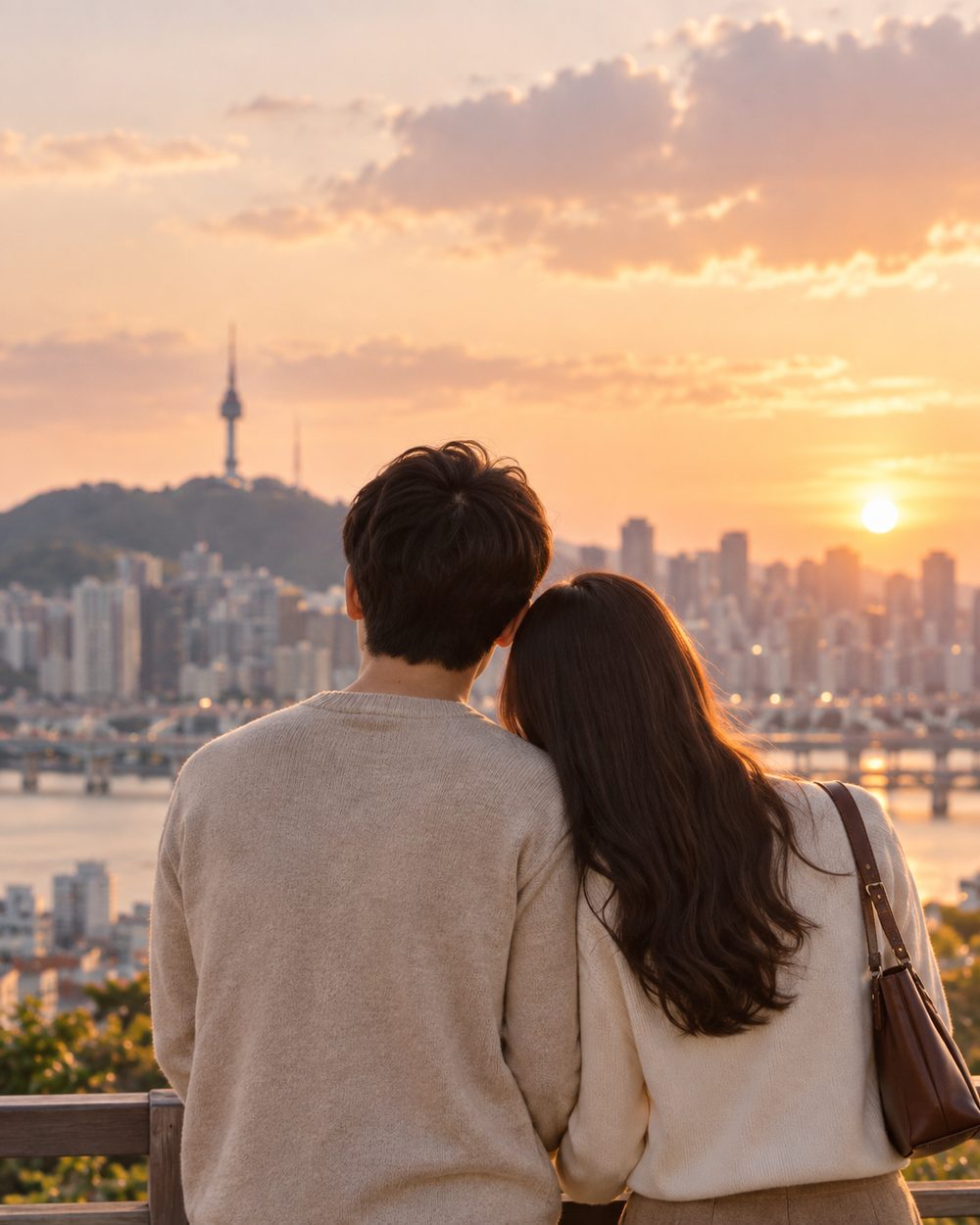 노을 지는 서울을 함께 바라보는 연인